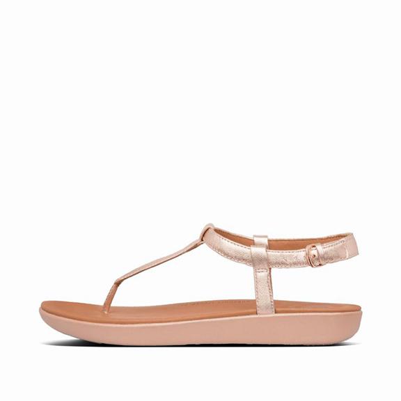Sandales À Lanière Femme Fitflop Tia Cuir T-Bar Rose / Doré (IUN581904)
